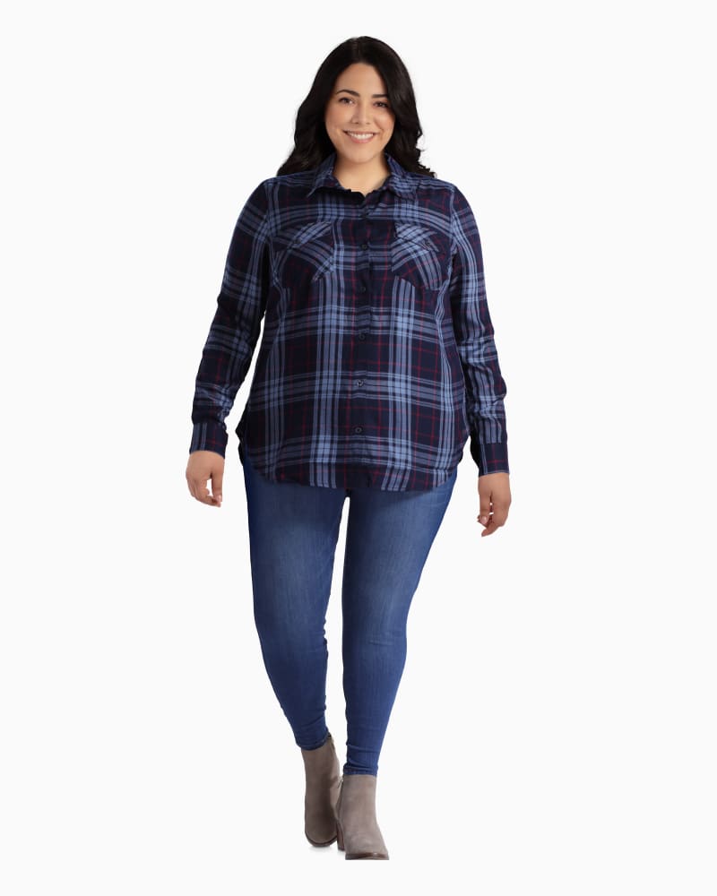 Plus size model with rectangle body shape wearing Lorelei Plaid Button-Down Shirt by Jessica Simpson | Dia&Co | dia_product_style_image_id:110266